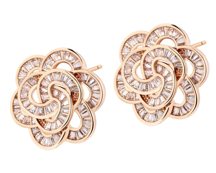 Kolczyki z mosiądzu pozłacane z cyrkoniami - kwiaty