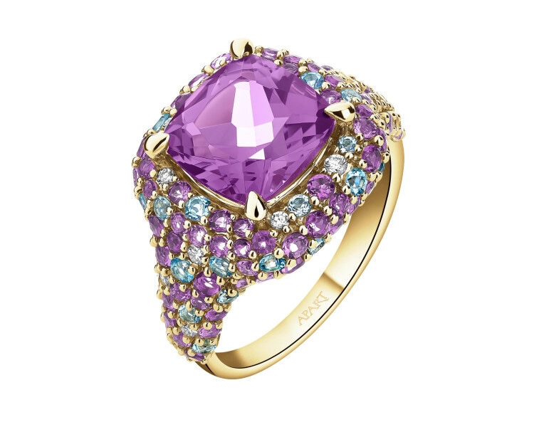 Pierścionek z żółtego złota z brylantami, ametystami i topazami - próba 585