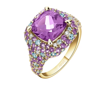 Pierścionek z żółtego złota z brylantami, ametystami i topazami - próba 585