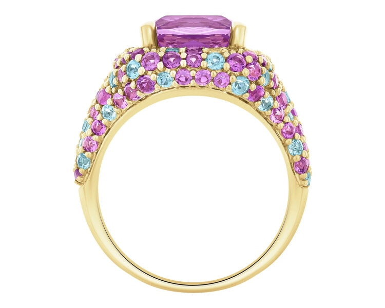 Pierścionek z żółtego złota z brylantami, ametystami i topazami - próba 585