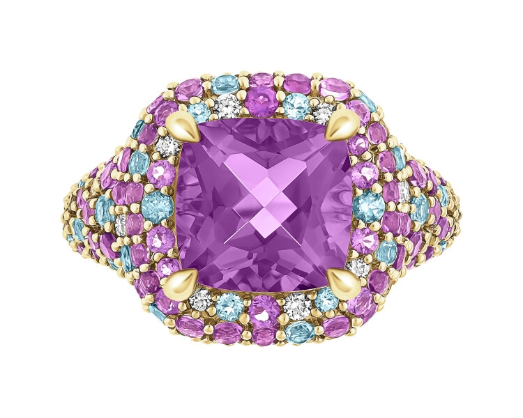 Pierścionek z żółtego złota z brylantami, ametystami i topazami - próba 585