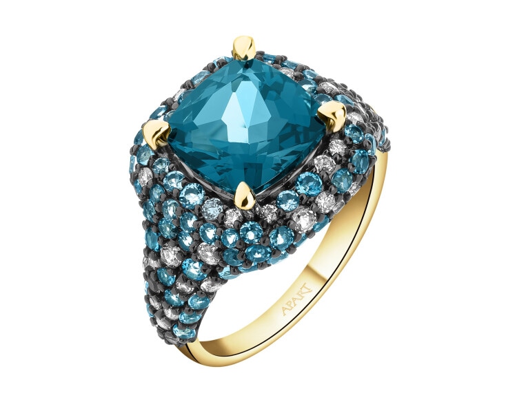 Pierścionek z żółtego złota z brylantami i topazami - próba 585