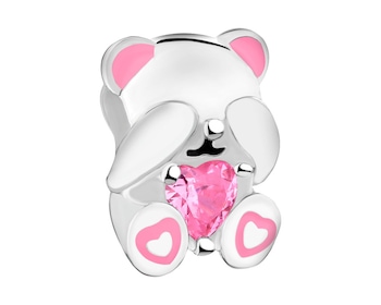 Zawieszka srebrna beads dla dziecka z cyrkonią i emalią - misiu, serce