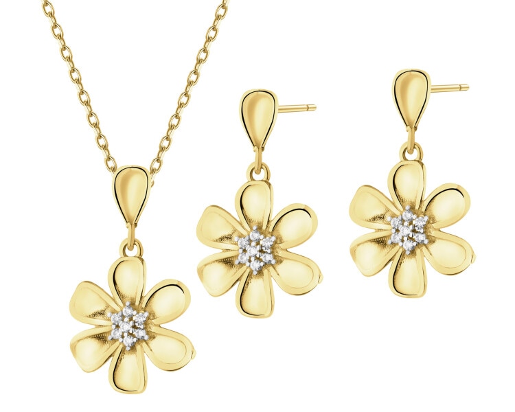 Złote kolczyki i zawieszka z cyrkoniami - komplet - kwiaty