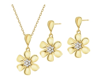 Złote kolczyki i zawieszka z cyrkoniami - komplet - kwiaty