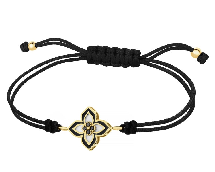 Bransoletka z emalią,  masą perłową, cyrkoniami i elementami z żółtego złota - kwiat