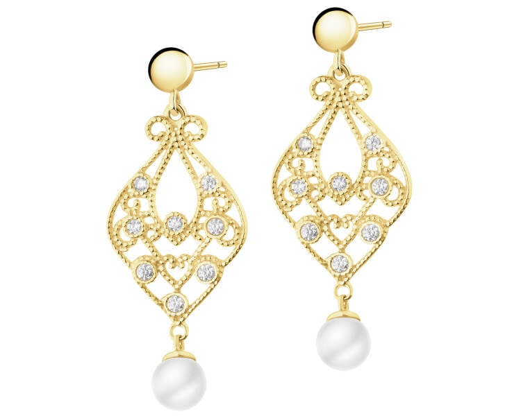 Złote kolczyki z perłami i cyrkoniami