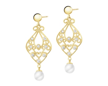 Złote kolczyki z perłami i cyrkoniami