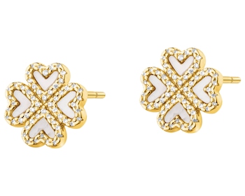 Kolczyki z mosiądzu pozłacane z cyrkoniami i masą perłową - koniczyna