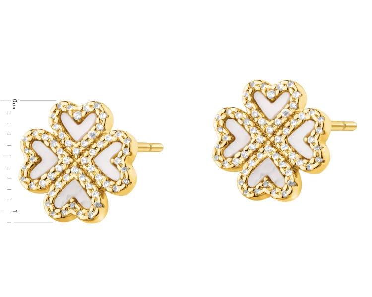 Pozlacené náušnice z mosazi se zirkony a perletí - čtyřlístek