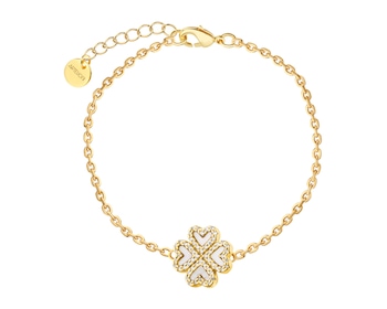 Bransoletka z mosiądzu pozłacana z cyrkoniami i masą perłową - koniczyna