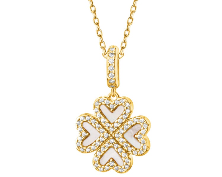 Naszyjnik z mosiądzu pozłacany z cyrkoniami i masą perłową - koniczyna