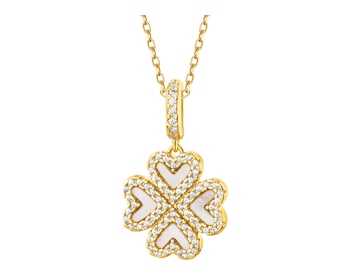 Naszyjnik z mosiądzu pozłacany z cyrkoniami i masą perłową - koniczyna