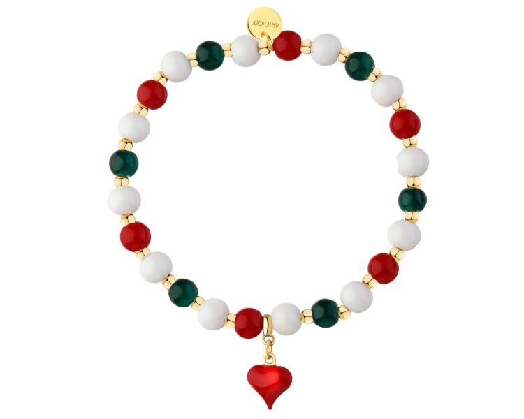 Bransoletka z mosiądzu pozłacana z jadeitami i emalią - serce