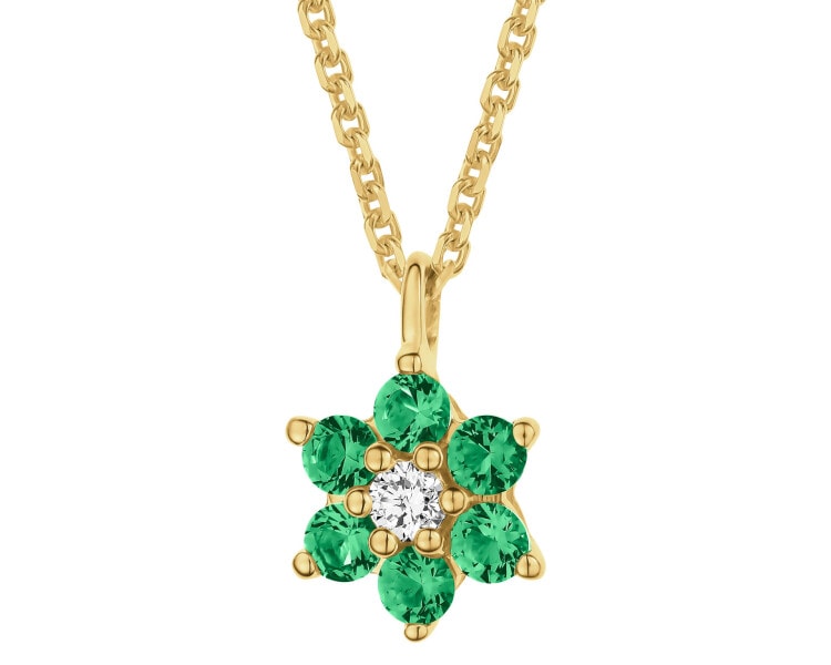 Naszyjnik z żółtego złota z brylantem i szmaragdami syntetycznymi - kwiat - próba 375