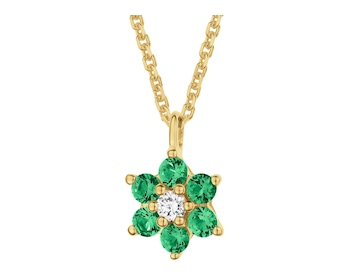 Naszyjnik z żółtego złota z brylantami i szmaragdami syntetycznymi - kwiat - próba 375