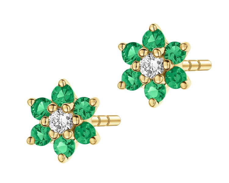 Kolczyki z żółtego złota z brylantami i szmaragdami syntetycznymi - kwiaty - próba 375