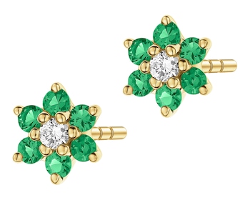 Kolczyki z żółtego złota z brylantami i szmaragdami syntetycznymi - kwiaty - próba 375