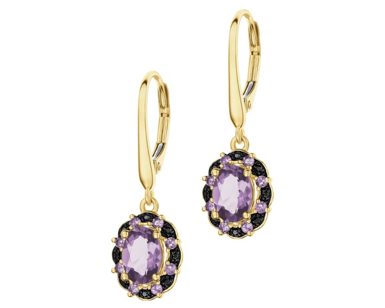 Kolczyki z żółtego złota z czarnymi brylantami i ametystami - próba 585