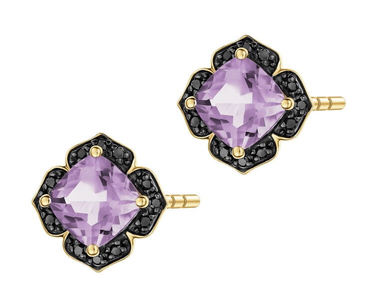 Kolczyki z żółtego złota z czarnymi brylantami i ametystami - próba 585