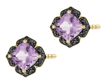 Kolczyki z żółtego złota z czarnymi brylantami i ametystami - próba 585