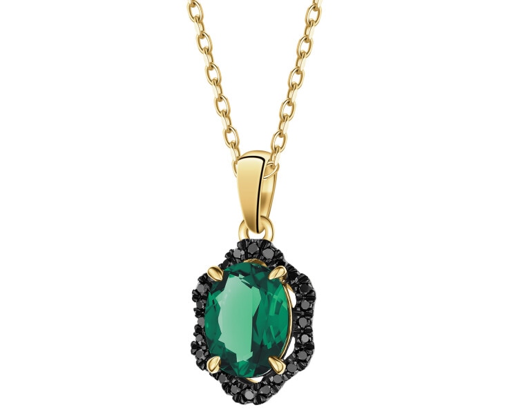 Zawieszka z żółtego złota z czarnymi brylantami i szmaragdem syntetycznym - próba 585