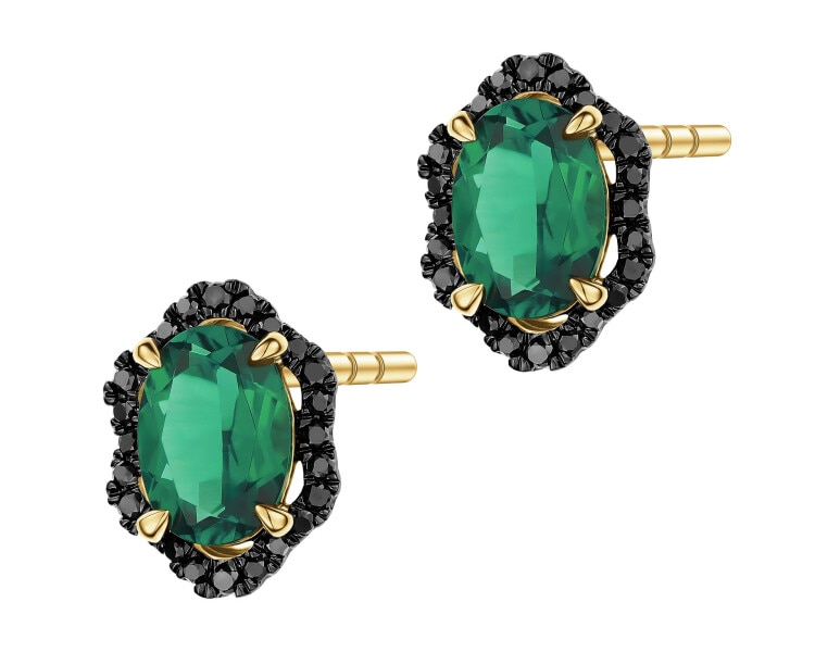 Zlaté náušnice s černými brilianty a syntetickými smaragdy - ryzost 585