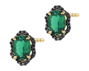 Kolczyki z żółtego złota z czarnymi brylantami i szmaragdami syntetycznymi - próba 585