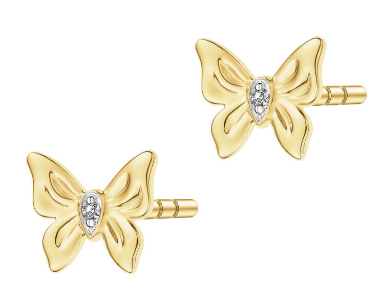 Zlaté náušnice s diamanty - motýli - 0,006 ct - ryzost 585