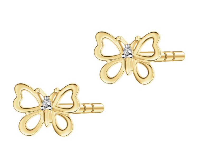 Kolczyki z żółtego złota z diamentami - motyle - 0,008 ct - próba 375