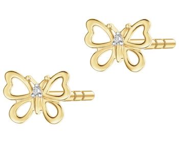 Kolczyki z żółtego złota z diamentami - motyle - 0,008 ct - próba 375