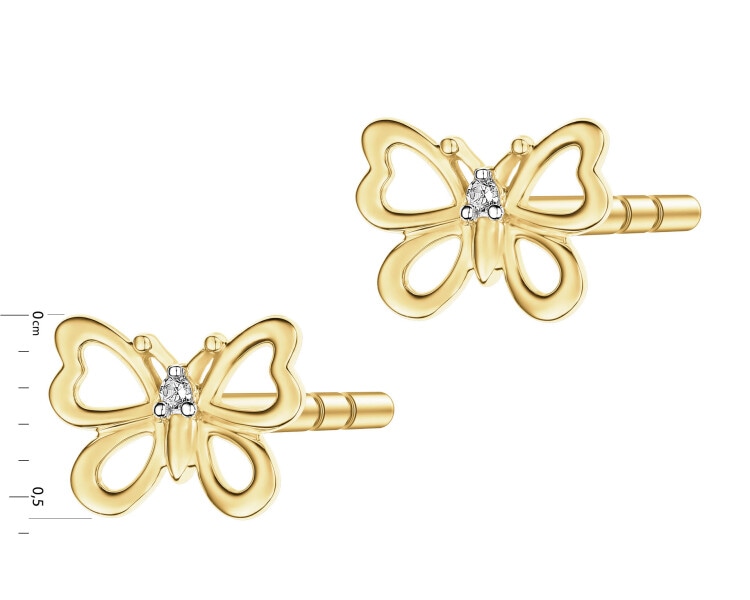 Kolczyki z żółtego złota z diamentami - motyle - 0,008 ct - próba 375