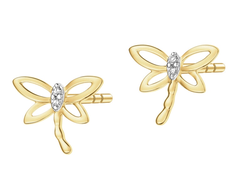 Kolczyki z żółtego złota z diamentami - ważki - 0,01 ct - próba 375
