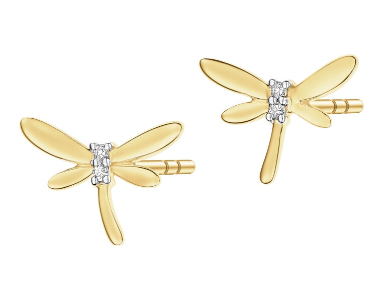 Kolczyki z żółtego złota z diamentami - ważki - 0,01 ct - próba 585