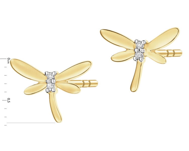 Kolczyki z żółtego złota z diamentami - ważki - 0,01 ct - próba 585