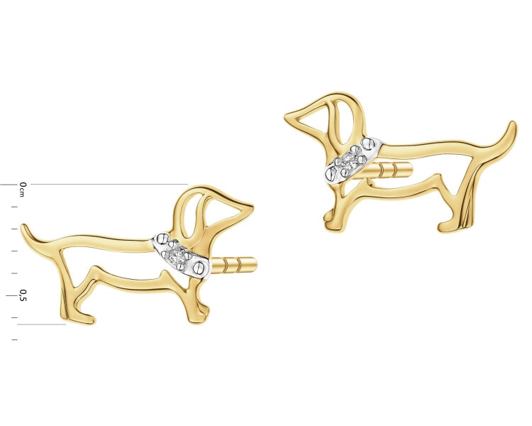 Kolczyki z żółtego złota z diamentami - jamnik - 0,006 ct - próba 375