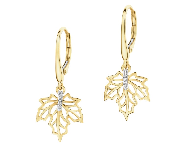 Kolczyki z żółtego złota z diamentami - liście - 0,02 ct - próba 375