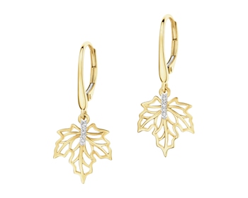 Kolczyki z żółtego złota z diamentami - liście - 0,02 ct - próba 375