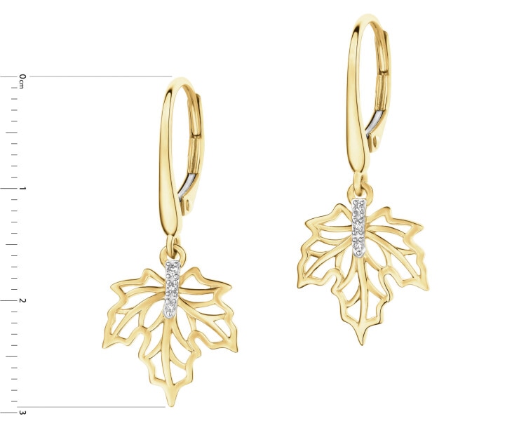 Kolczyki z żółtego złota z diamentami - liście - 0,02 ct - próba 375