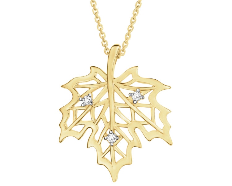 Naszyjnik z żółtego złota z brylantami - liść - 0,03 ct - próba 585