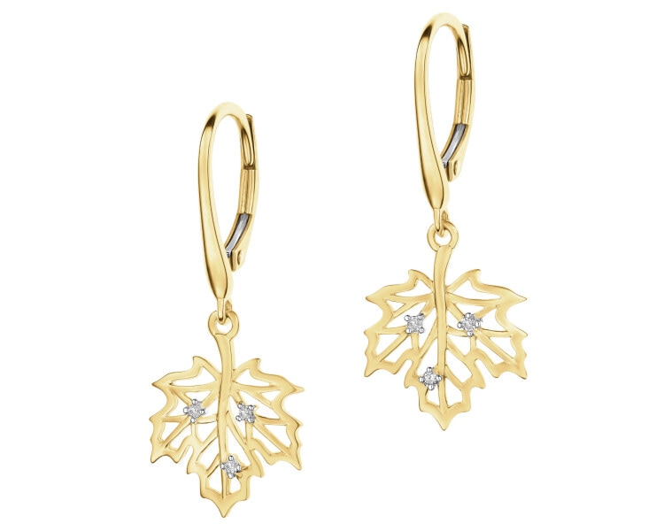 Kolczyki z żółtego złota z diamentami - liście - 0,03 ct - próba 585