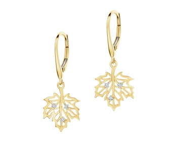 Kolczyki z żółtego złota z diamentami - liście - 0,03 ct - próba 585