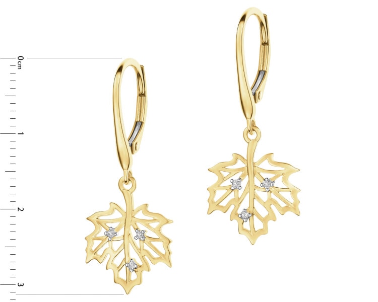 Kolczyki z żółtego złota z diamentami - liście - 0,03 ct - próba 585