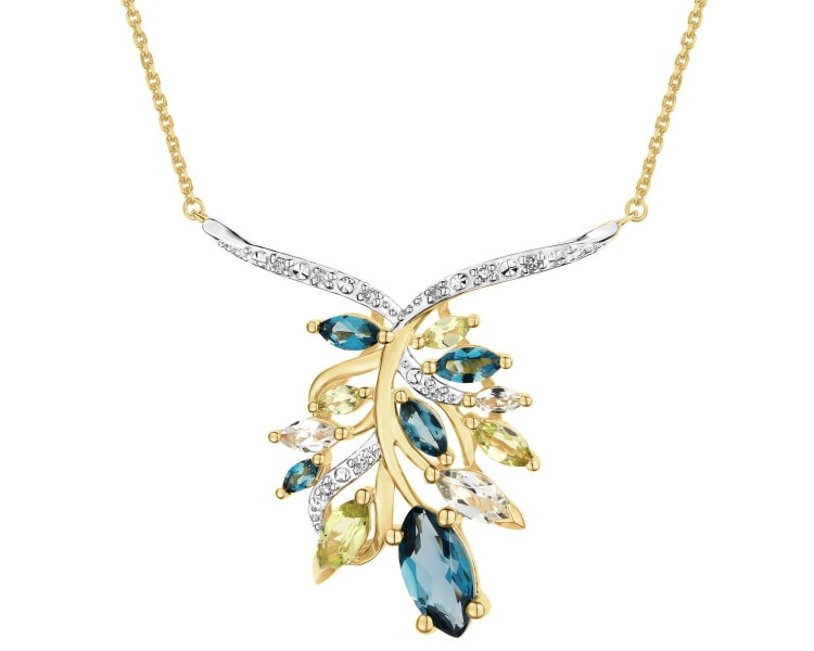 Zlatý náhrdelník s diamanty, topazy a peridoty - listy - ryzost 585