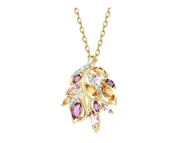 Zawieszka z żółtego złota z diamentami, cytrynami i ametystami - liście - próba 585