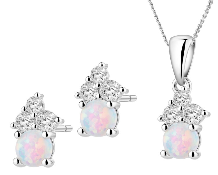Srebrne kolczyki i zawieszka z cyrkoniami i opalem syntetycznym, łańcuszek - komplet