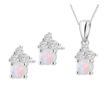 Srebrne kolczyki i zawieszka z cyrkoniami i opalem syntetycznym, łańcuszek - komplet