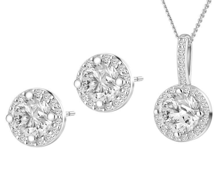 Srebrne kolczyki i zawieszka z cyrkoniami, łańcuszek - komplet