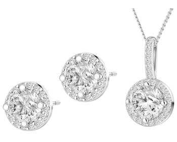 Srebrne kolczyki i zawieszka z cyrkoniami, łańcuszek - komplet