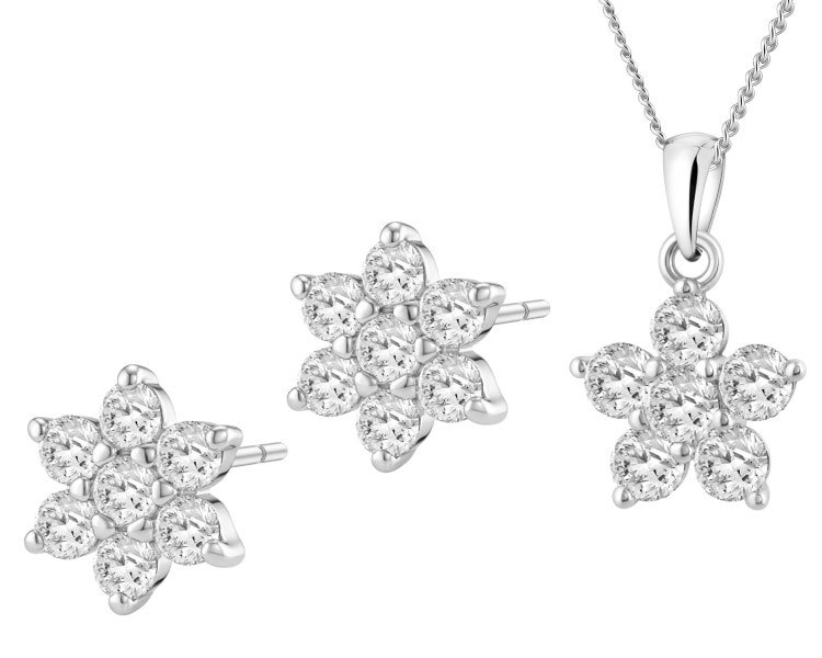Stříbrné náušnice a přívěsek se zirkony, řetízek - souprava
